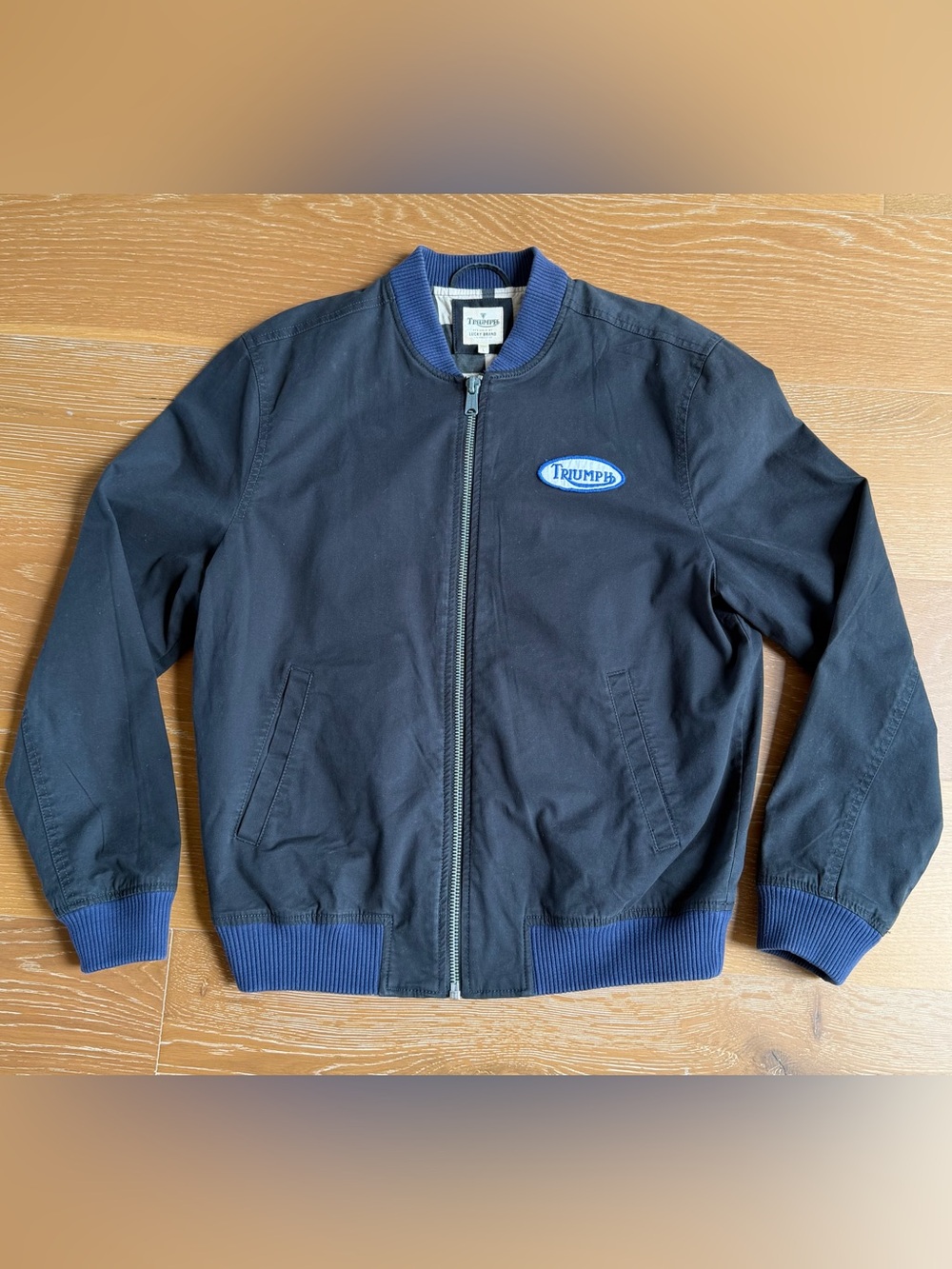 Lucky Brand Triumph Motorcycle Bomber Jacket Blue Embroidered NWOT Men’s SZ LG
